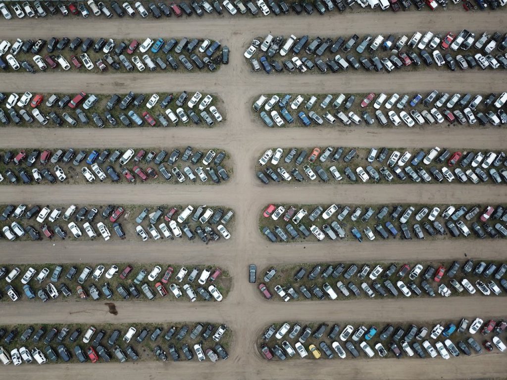 Free stock photo of car lot, drone, junk yard