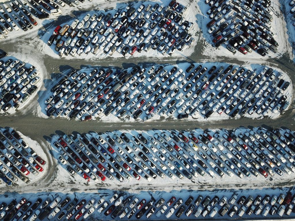 Free stock photo of above, car lot, drone